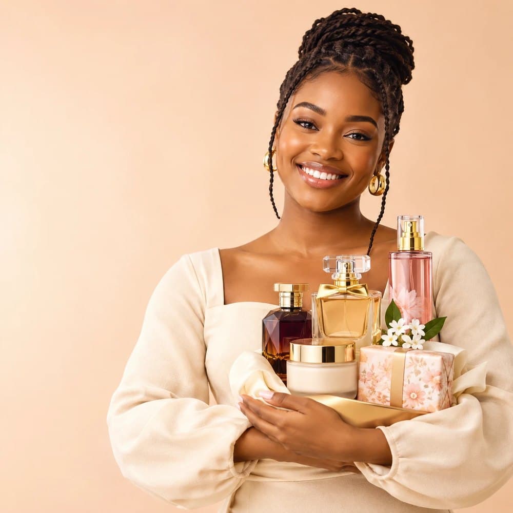 A customer holding perfumes, body mist and a gift box from Jenny's Perfumery and More